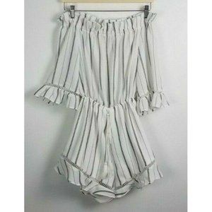 L'Atiste By Amy Sz. L Black & White Stripe Off The Shoulder Romper Elastic Waist